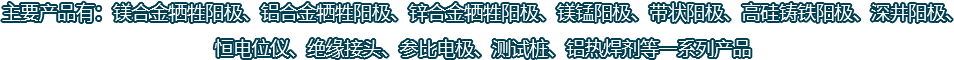 主要產(chǎn)品有：鎂合金犧牲陽(yáng)極、鋁合金犧牲陽(yáng)極、鋅合金犧牲陽(yáng)極、鎂錳陽(yáng)極、帶狀陽(yáng)極、高硅鑄鐵陽(yáng)極、深井陽(yáng)極、恒電位儀、絕緣接頭、參比電極、測(cè)試樁、鋁熱焊劑等一系列產(chǎn)品